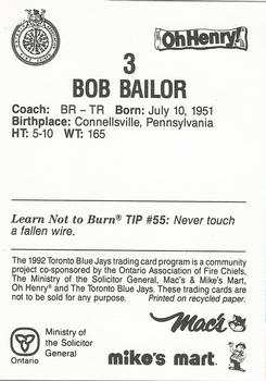 1992 Toronto Blue Jays Fire Safety #NNO Bob Bailor Back