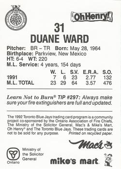 1992 Toronto Blue Jays Fire Safety #NNO Duane Ward Back