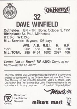 1992 Toronto Blue Jays Fire Safety #NNO Dave Winfield Back