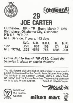 1992 Toronto Blue Jays Fire Safety #NNO Joe Carter Back