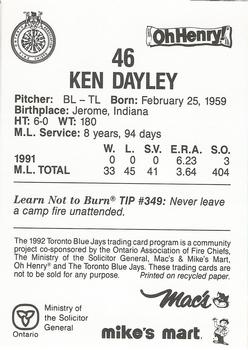 1992 Toronto Blue Jays Fire Safety #NNO Ken Dayley Back