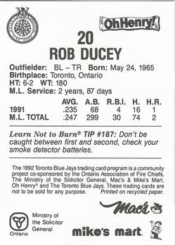 1992 Toronto Blue Jays Fire Safety #NNO Rob Ducey Back
