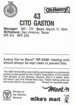 1992 Toronto Blue Jays Fire Safety #NNO Cito Gaston Back