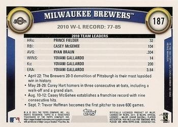 2011 Topps - Diamond Anniversary Limited Edition #187 Milwaukee Brewers Back
