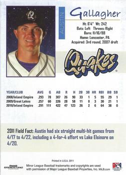 2011 Grandstand Rancho Cucamonga Quakes #NNO Austin Gallagher Back