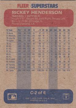 1988 Fleer SuperStars - Box Bottom Panel Singles #C-2 Rickey Henderson Back