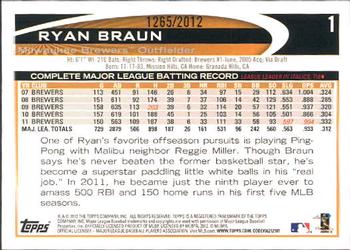 2012 Topps - Gold #1 Ryan Braun Back