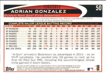 2012 Topps - Gold #50 Adrian Gonzalez Back