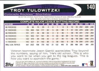 2012 Topps - Gold #140 Troy Tulowitzki Back