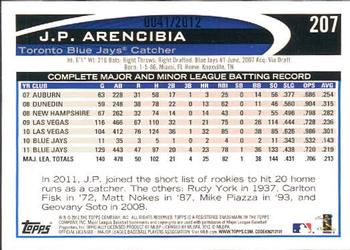 2012 Topps - Gold #207 J.P. Arencibia Back