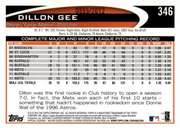 2012 Topps - Gold #346 Dillon Gee Back