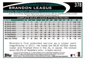 2012 Topps - Gold #378 Brandon League Back
