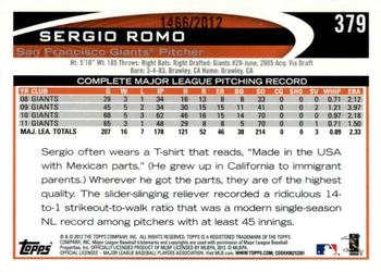 2012 Topps - Gold #379 Sergio Romo Back