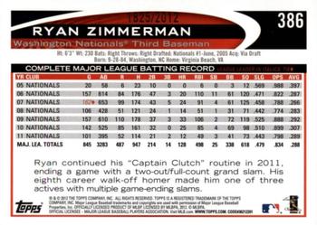 2012 Topps - Gold #386 Ryan Zimmerman Back