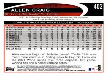 2012 Topps - Gold #402 Allen Craig Back