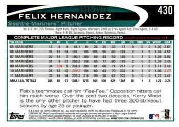 2012 Topps - Gold #430 Felix Hernandez Back