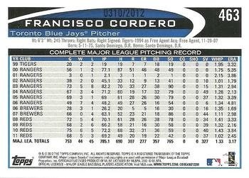 2012 Topps - Gold #463 Francisco Cordero Back