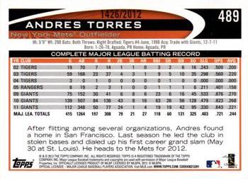 2012 Topps - Gold #489 Andres Torres Back