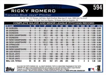 2012 Topps - Gold #594 Ricky Romero Back