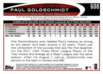 2012 Topps - Gold #608 Paul Goldschmidt Back