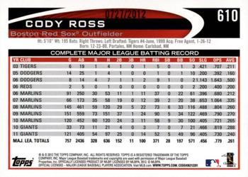 2012 Topps - Gold #610 Cody Ross Back