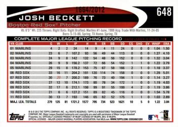 2012 Topps - Gold #648 Josh Beckett Back