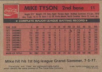 1981 Topps Coca-Cola Chicago Cubs #11 Mike Tyson  Back