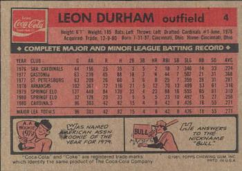 1981 Topps Coca-Cola Chicago Cubs #4 Leon Durham  Back