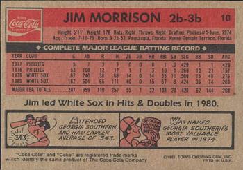 1981 Topps Coca-Cola Chicago White Sox #10 Jim Morrison  Back