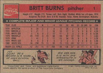 1981 Topps Coca-Cola Chicago White Sox #1 Britt Burns  Back