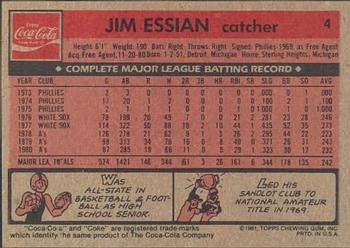 1981 Topps Coca-Cola Chicago White Sox #4 Jim Essian  Back