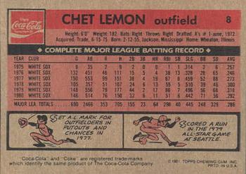 1981 Topps Coca-Cola Chicago White Sox #8 Chet Lemon  Back