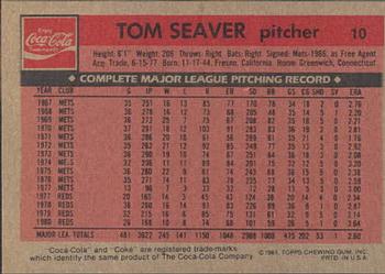 1981 Topps Coca-Cola Cincinnati Reds #10 Tom Seaver Back