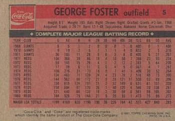 1981 Topps Coca-Cola Cincinnati Reds #5 George Foster Back