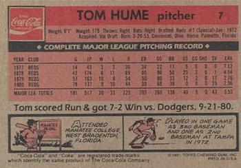 1981 Topps Coca-Cola Cincinnati Reds #7 Tom Hume Back