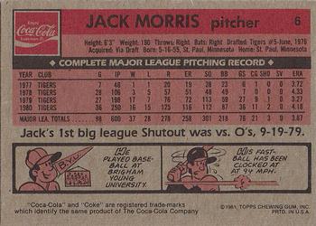 1981 Topps Coca-Cola Detroit Tigers #6 Jack Morris  Back