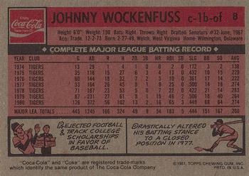 1981 Topps Coca-Cola Detroit Tigers #8 Johnny Wockenfuss Back