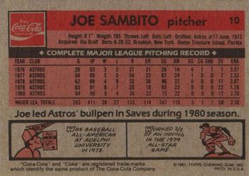 1981 Topps Coca-Cola Houston Astros #10 Joe Sambito  Back