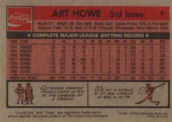 1981 Topps Coca-Cola Houston Astros #4 Art Howe  Back