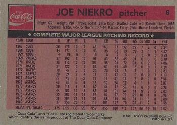 1981 Topps Coca-Cola Houston Astros #6 Joe Niekro  Back