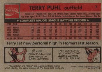 1981 Topps Coca-Cola Houston Astros #7 Terry Puhl  Back