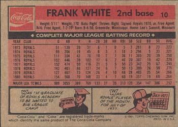 1981 Topps Coca-Cola Kansas City Royals #10 Frank White  Back