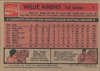 1981 Topps Coca-Cola Kansas City Royals #1 Willie Aikens  Back