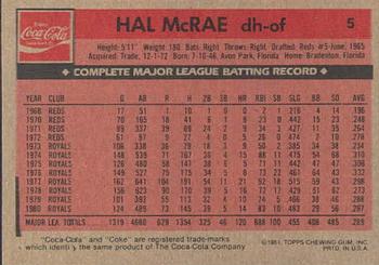 1981 Topps Coca-Cola Kansas City Royals #5 Hal McRae  Back