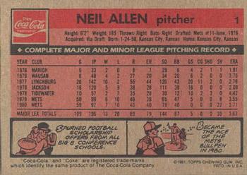 1981 Topps Coca-Cola New York Mets #1 Neil Allen  Back