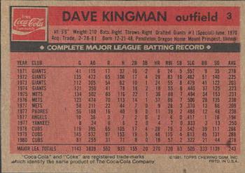 1981 Topps Coca-Cola New York Mets #3 Dave Kingman  Back