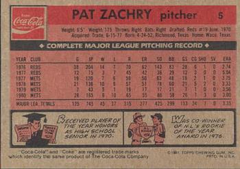 1981 Topps Coca-Cola New York Mets #5 Pat Zachry  Back