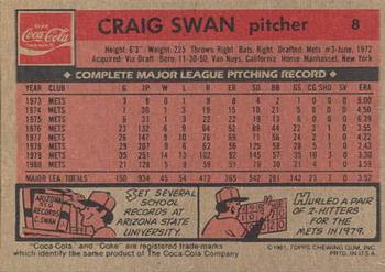 1981 Topps Coca-Cola New York Mets #8 Craig Swan  Back