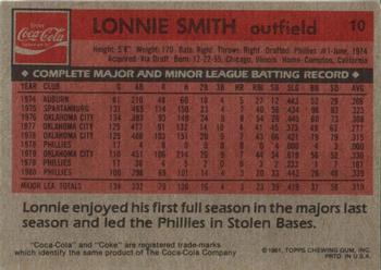 1981 Topps Coca-Cola Philadelphia Phillies #10 Lonnie Smith Back