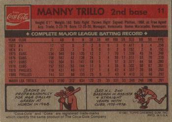 1981 Topps Coca-Cola Philadelphia Phillies #11 Manny Trillo Back
